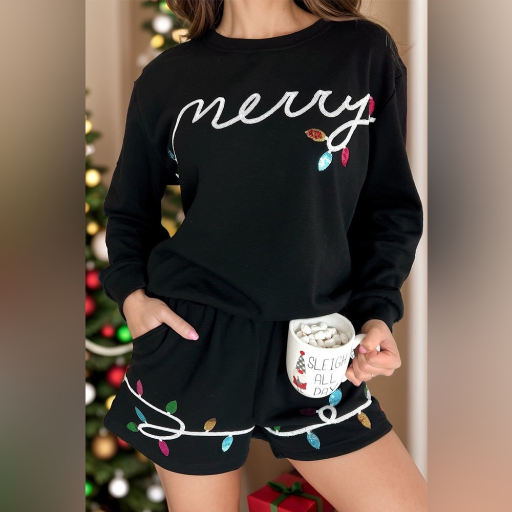 2 - PIECE MERRY Sequin Round Neck Long Sleeve Top and Shorts Set